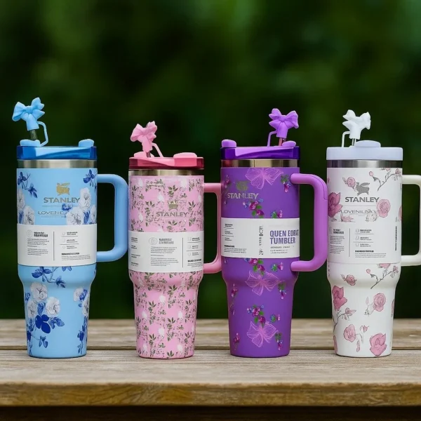 Floral print insulated tumblers with handles and straw lids in blue, pink, purple and white