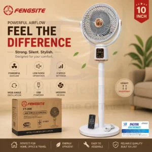 2IN1 Electric + Rechargeable 12000mah Battery Power Stand Fan Features Air Circulation Remote Control Silent Blades Type-C Charging Lighting Design Telescopic Adjustment Rotate Left & Right Timing Adjustment