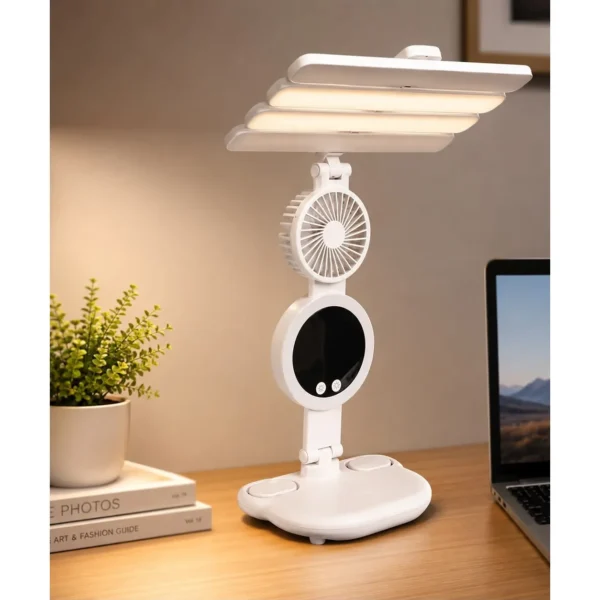 White rechargeable desk lamp with a three-panel LED head, small fan and round mirror