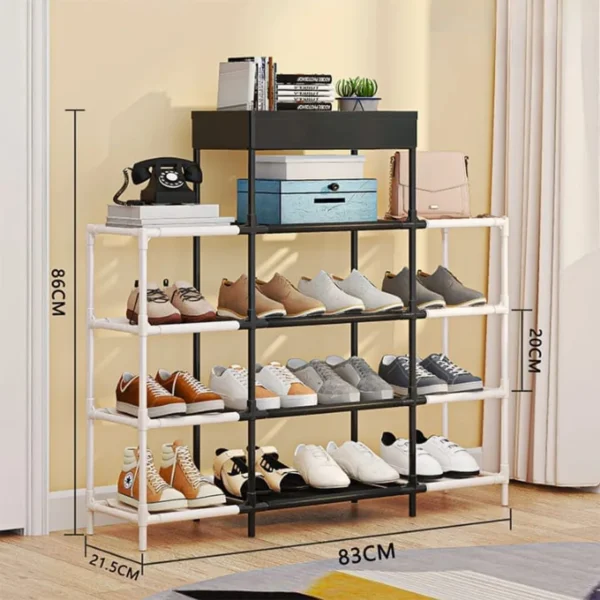 Five-layer open metal shoe rack shown with its measurements