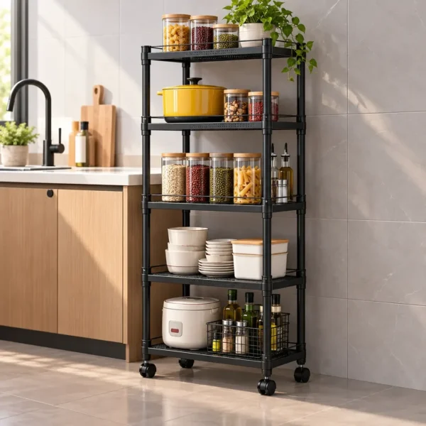 Black five-tier metal kitchen trolley on wheels holding jars, bowls and a pot beside a kitchen counter