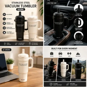 800ml insulated vacuum tumbler with handle and straw lid in black and white