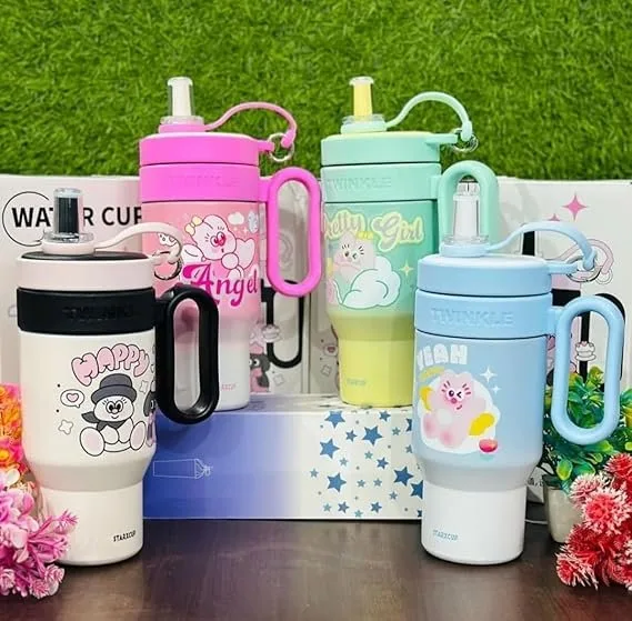 850ml Insulated Stainless Steel Travel Mug, Cute Cartoon Design with Plastic Handle and Straw