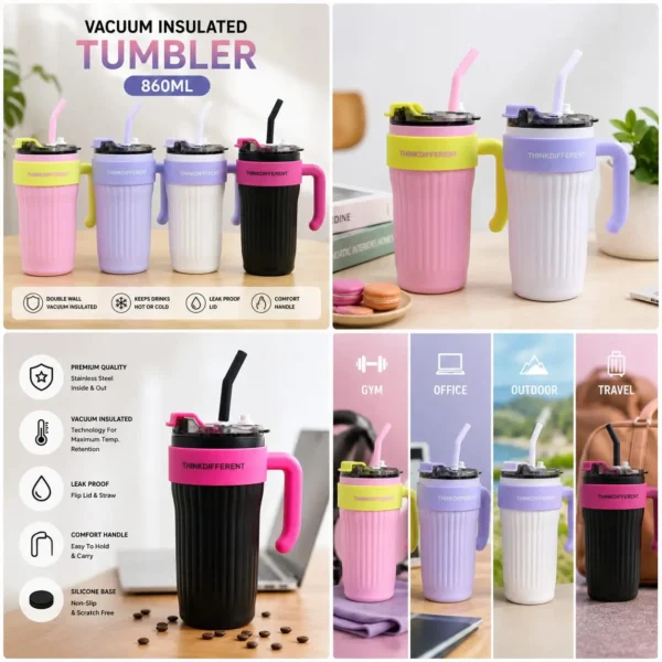 860ml insulated vacuum tumbler with handle and straw lid