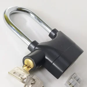 Black anti-theft alarm padlock with a steel shackle and keys