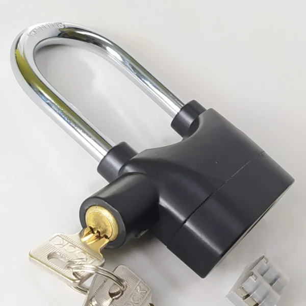 Black anti-theft alarm padlock with a steel shackle and keys