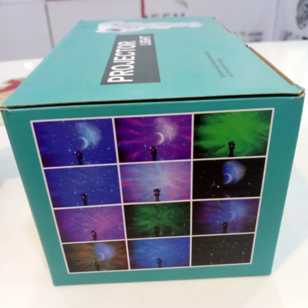 Side of the projector box with a grid of coloured projection patterns