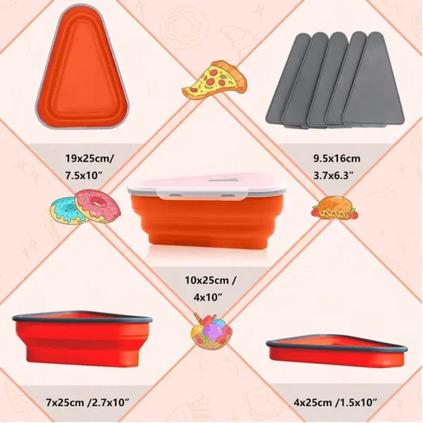 Collapsible pizza storage container sizes with grey tray inserts, from 1.5 to 4 inches tall
