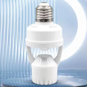 White E27 motion sensor lamp holder adapter with a screw base and sensor housing