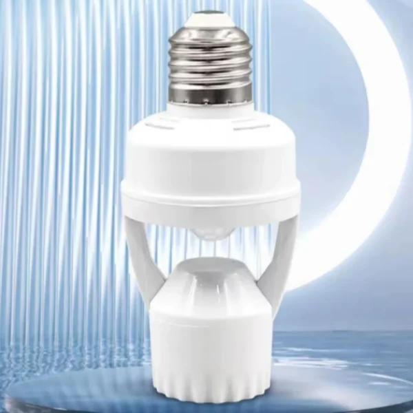 White E27 motion sensor lamp holder adapter with a screw base and sensor housing
