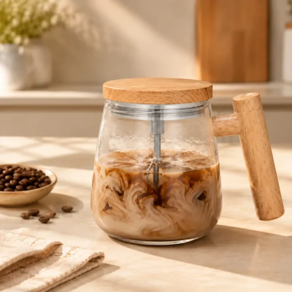 400ml glass self-stirring cup with a wooden lid and handle, filled with coffee
