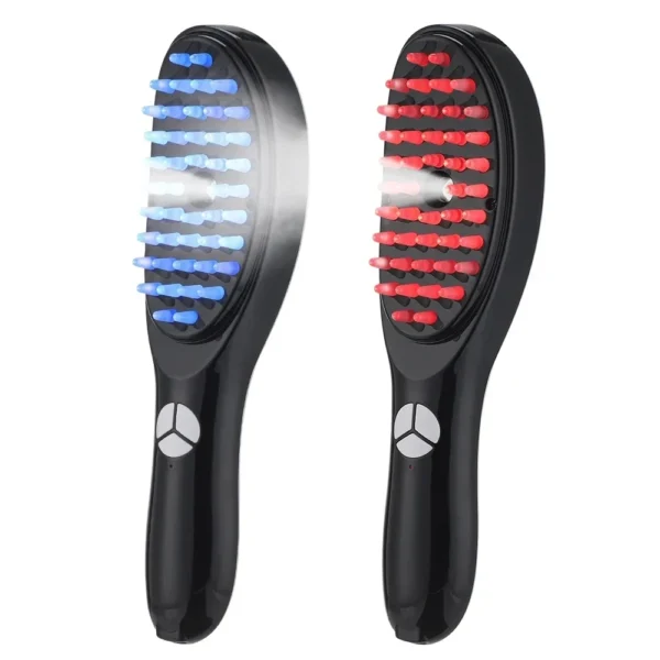 Two black electric scalp massage combs, one glowing blue and one red, releasing a fine spray