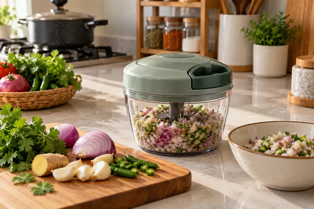 Food chopper prepared for everyday onion, chilli, garlic and herb prep
