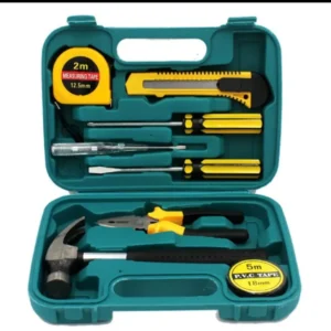Teal carry case open showing a tape measure, screwdrivers, pliers, a hammer and a cutter
