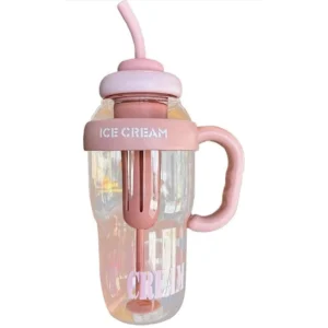 Clear pink ice cream print water bottle with a straw lid and a side handle