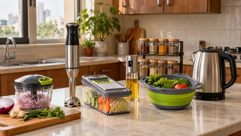 Useful kitchen gadgets arranged in a practical Pakistani home kitchen