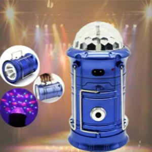 Blue rechargeable camping lantern with a disco light dome, with torch and colour pattern insets