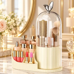 Rotating makeup brush holder with clear dome lid holding brushes and cosmetics