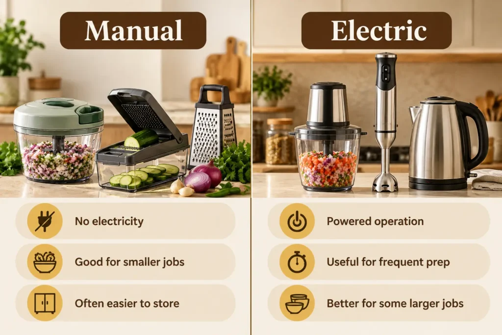 Comparison of manual and electric kitchen gadgets for different preparation needs