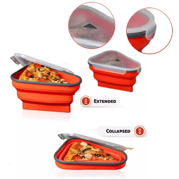 Collapsible pizza container shown extended and collapsed, with vent lid close-up