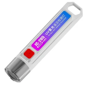 White pocket UV detector light JC-205 with a red button and purple label