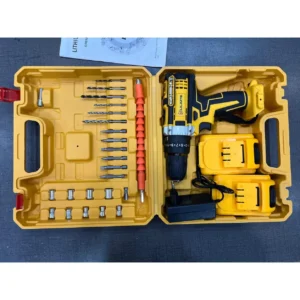 Cordless drill with two batteries, charger, drill bits and sockets in a yellow carry case