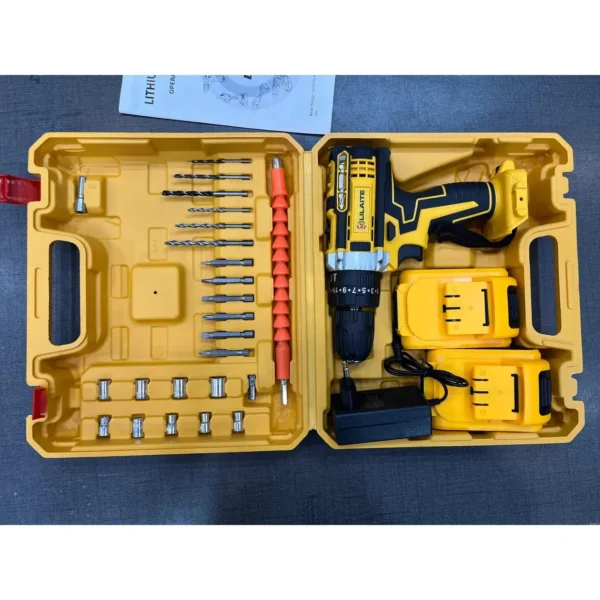 Cordless drill with two batteries, charger, drill bits and sockets in a yellow carry case