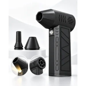 Black handheld mini jet blower fan with interchangeable nozzles and a built-in light