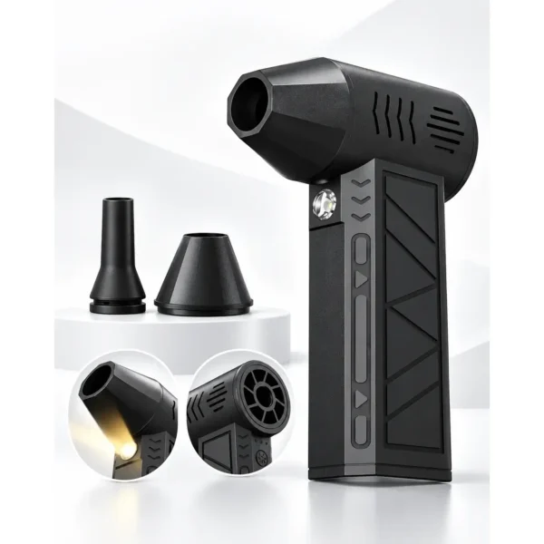 Black handheld mini jet blower fan with interchangeable nozzles and a built-in light