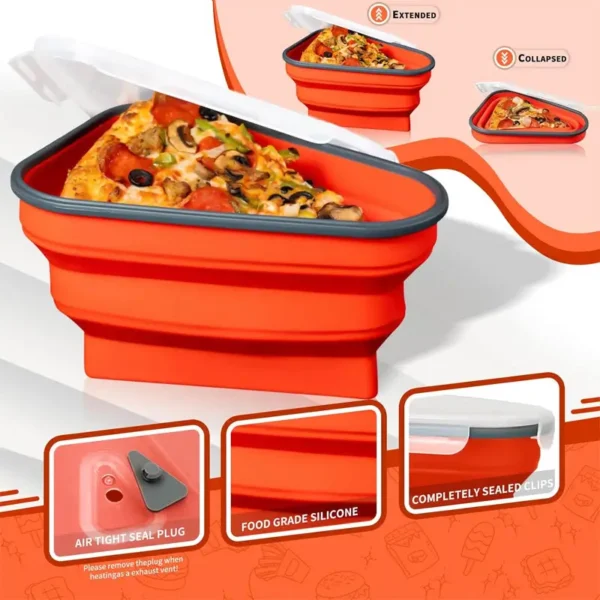 Orange collapsible silicone pizza storage container with sealed lid and pizza slices