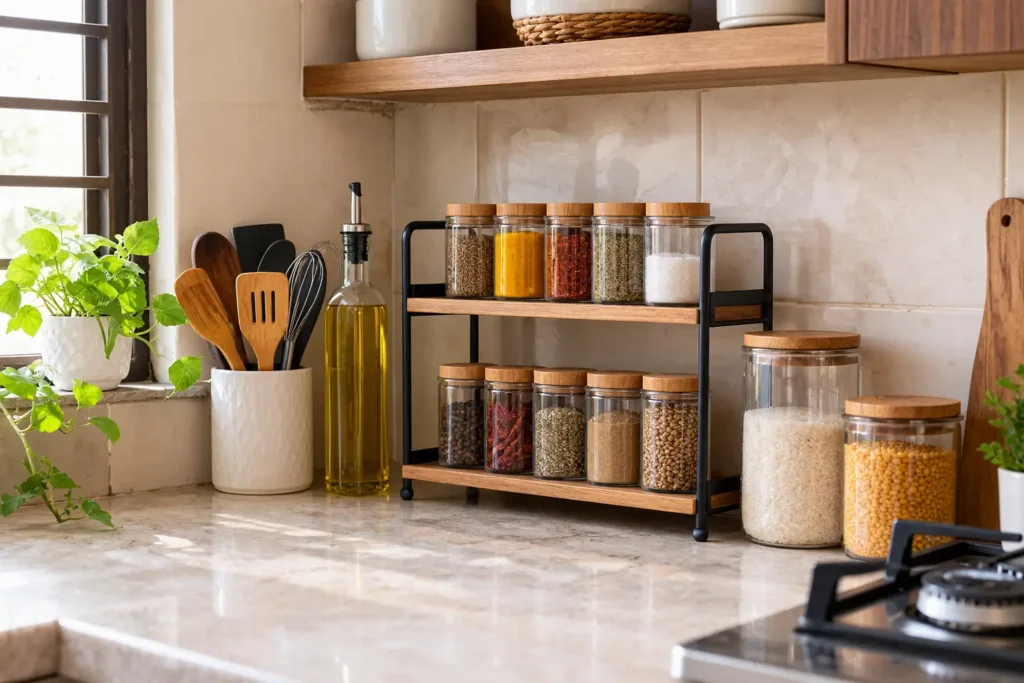 Organised spice and kitchen storage area in a compact home kitchen