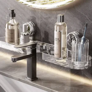 Space Saving Acrylic Luxury Suction Cup Bathroom & Sink Storage Shelf