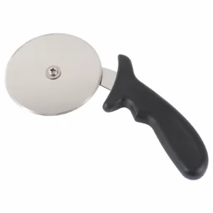 Stainless steel pizza cutter wheel with a black non-slip handle, shown at an angle on a plain white background