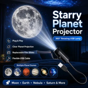 Black starry planet projector USB lamp projecting the moon, with planet film scenes shown below