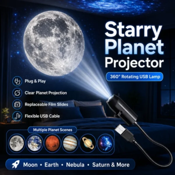 Black starry planet projector USB lamp projecting the moon, with planet film scenes shown below