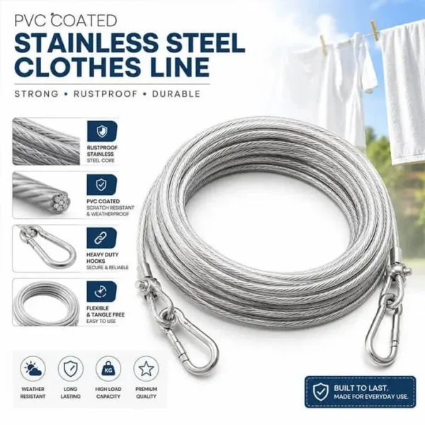 Strong stainless steel clothesline rope (5 metre) clothes indoors or outdoors (With Coating Proof)