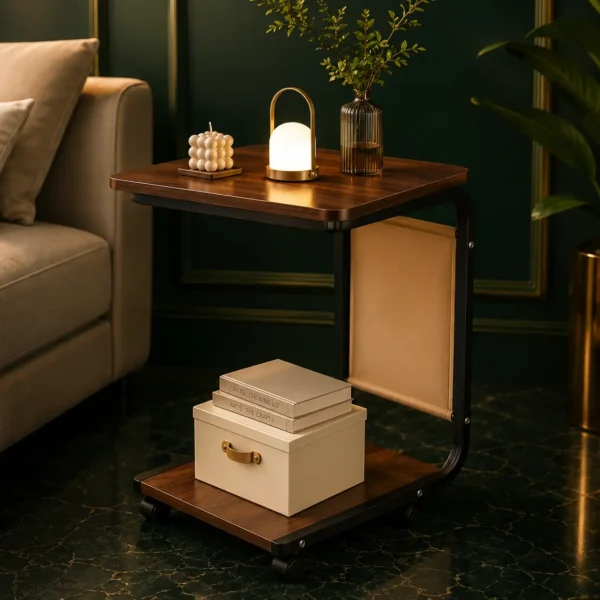 Wooden Sofa Side Table with Wheels