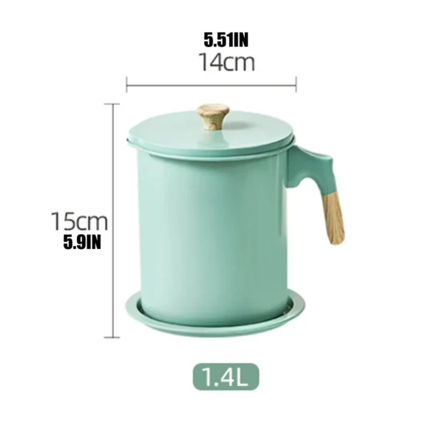 Oil pot size diagram showing 14 cm width, 15 cm height and 1.4 L capacity