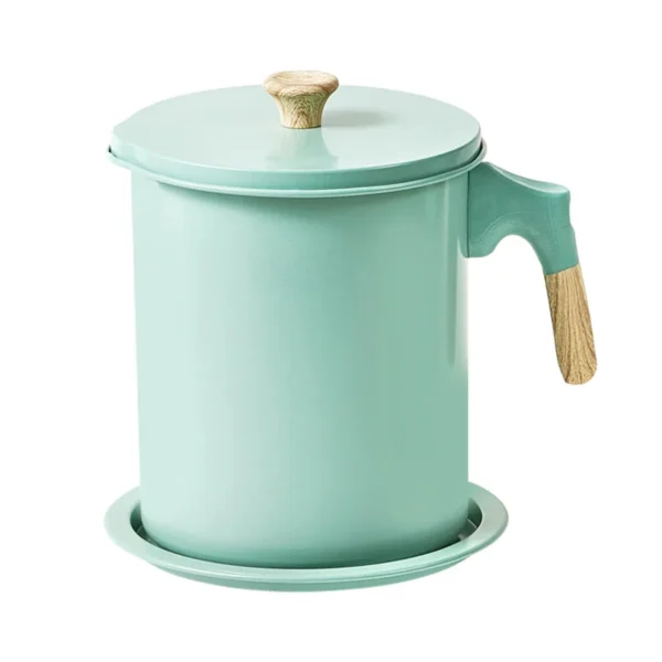 Mint green oil pot with lid, wooden-look knob and handle, and a matching plate