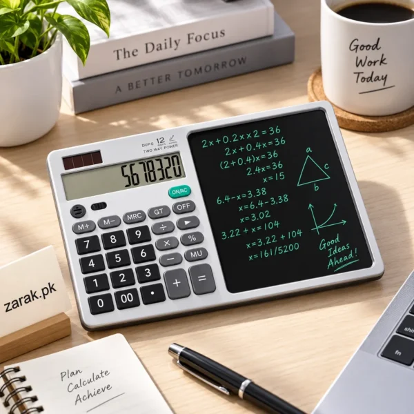 12-digit calculator with LCD writing pad showing handwritten equations on a desk