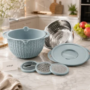 Blue mixing bowl with lid, steel colander and three grater discs on a kitchen counter