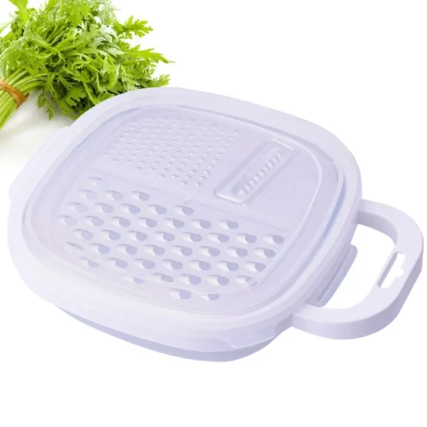 4-in-1 vegetable grater storage tray with its lid on and a side handle