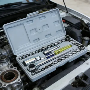 40-piece socket set in a grey carry case resting on a car engine