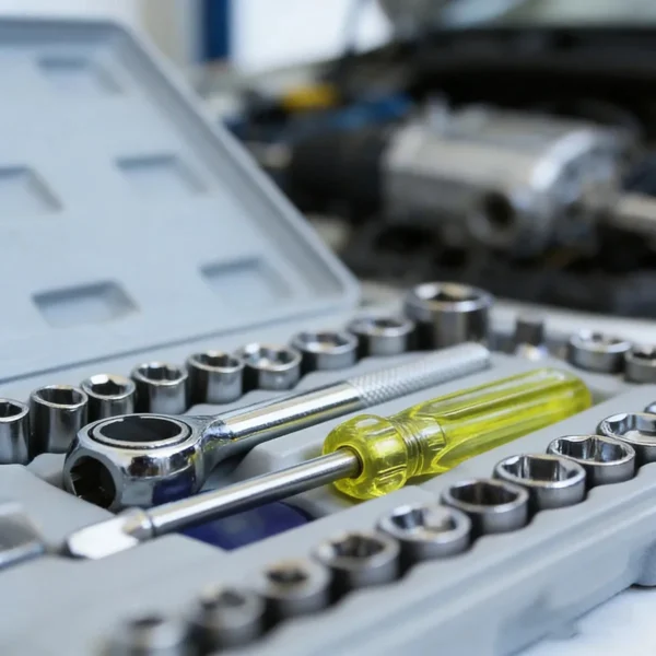 Close-up of the ratchet handle and sockets in the case over an engine bay