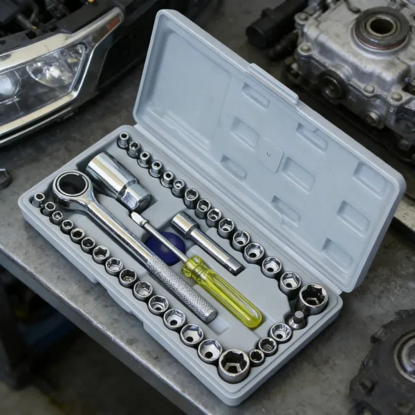 Top view of the socket set in its case with ratchet and extension bar