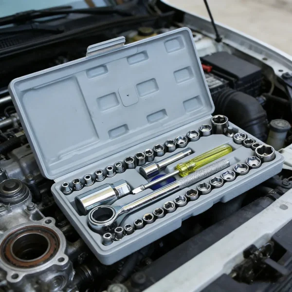 Socket set case open on a car engine