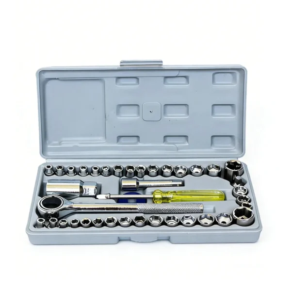 Open grey case holding sockets, ratchet handle and accessories on white background