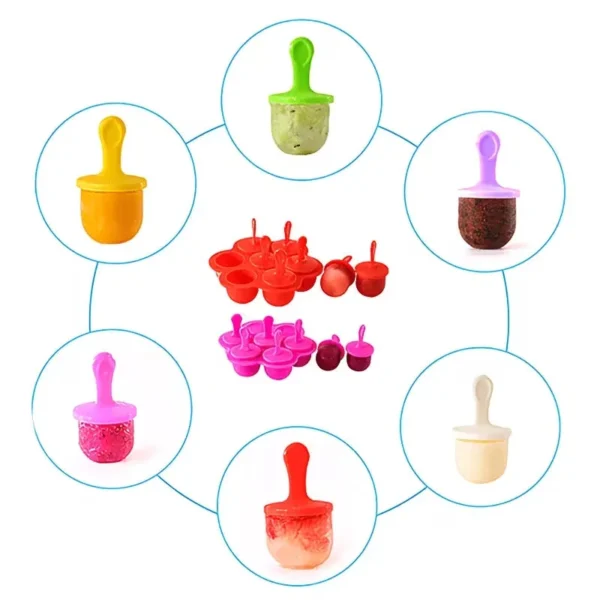 Seven colourful frozen treats on sticks arranged in a circle