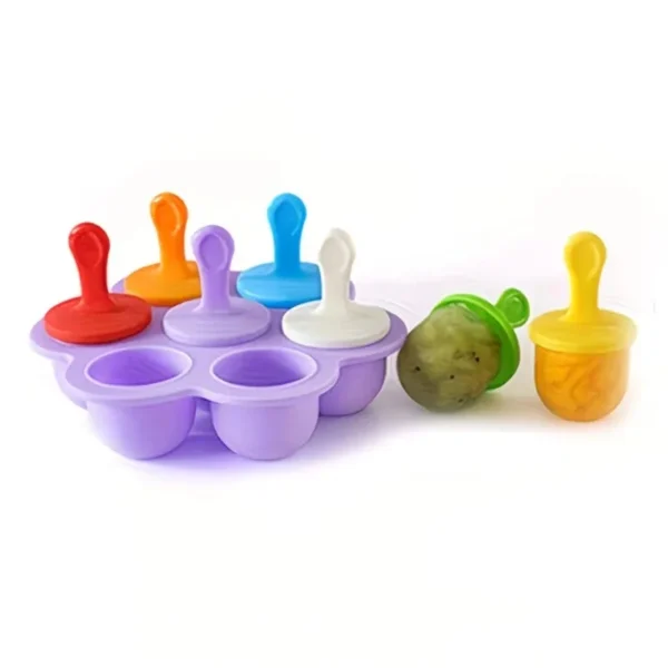 Purple silicone popsicle mold with coloured stick lids and loose treats