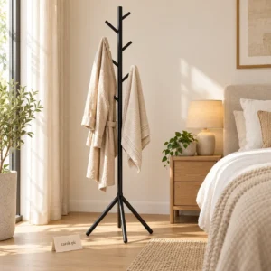Black standing coat rack with hanging arms holding towels in a bedroom